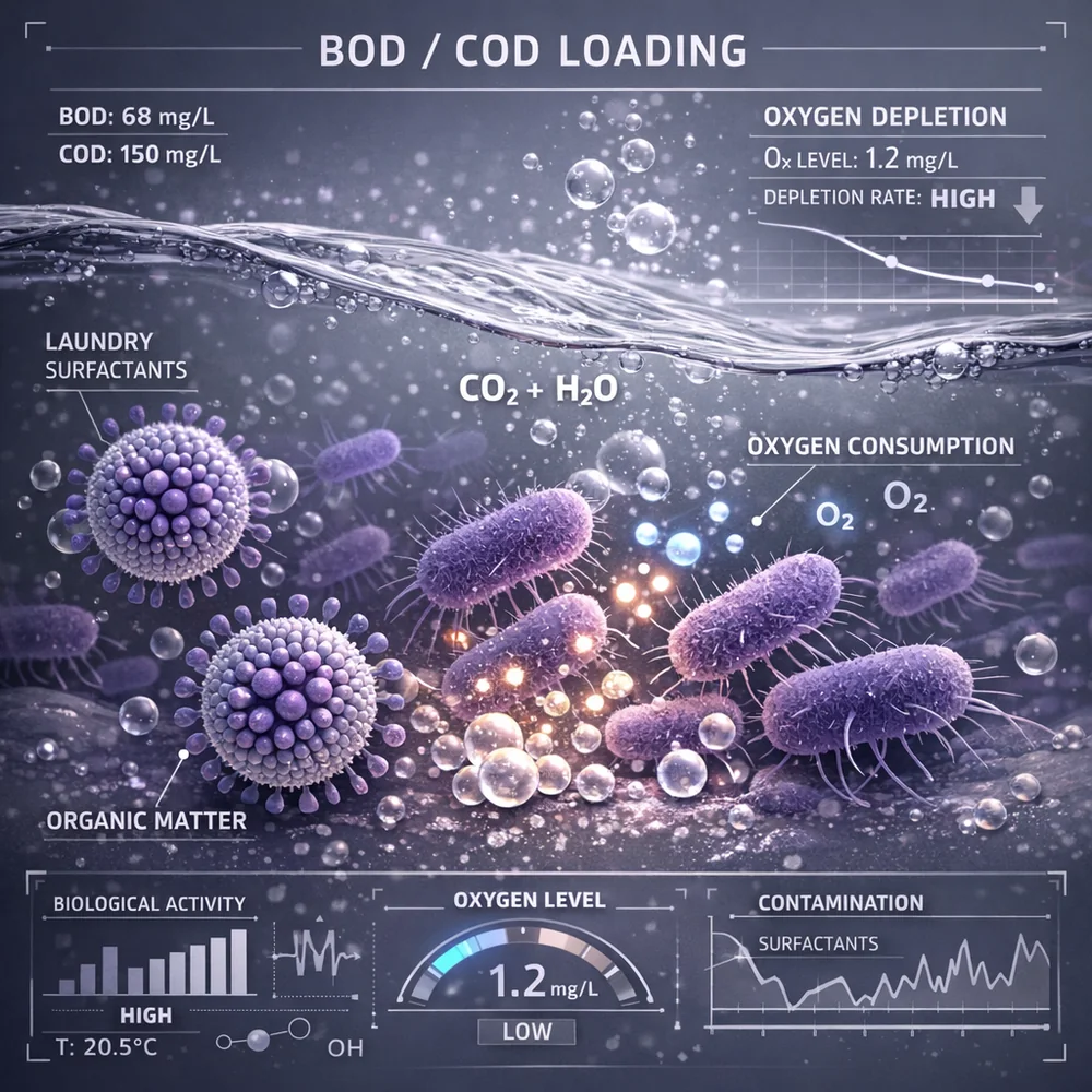 Scientific 3D model of 'BOD/COD Loading'. Shows bacteria consuming organic oxygen in a water sample contaminated with laundry surfactants. High-tech medical visualization, clinical grey and purple hues, data overlay.