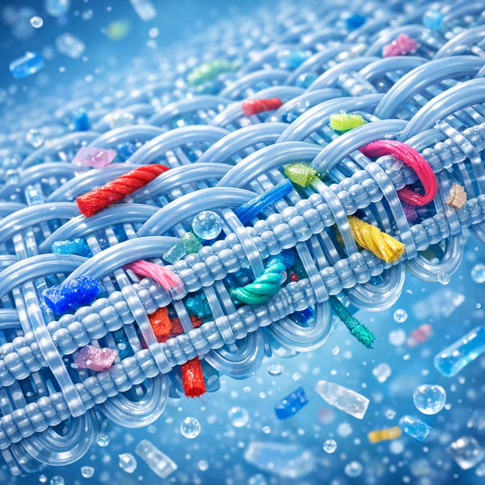 Molecular representation of 'Microplastic Fibers' being intercepted by a high-micron mesh filter. Shows colorful polyester and nylon fragments trapped in the weave. High-tech scientific rendering, clinical blue aesthetic, 8k.