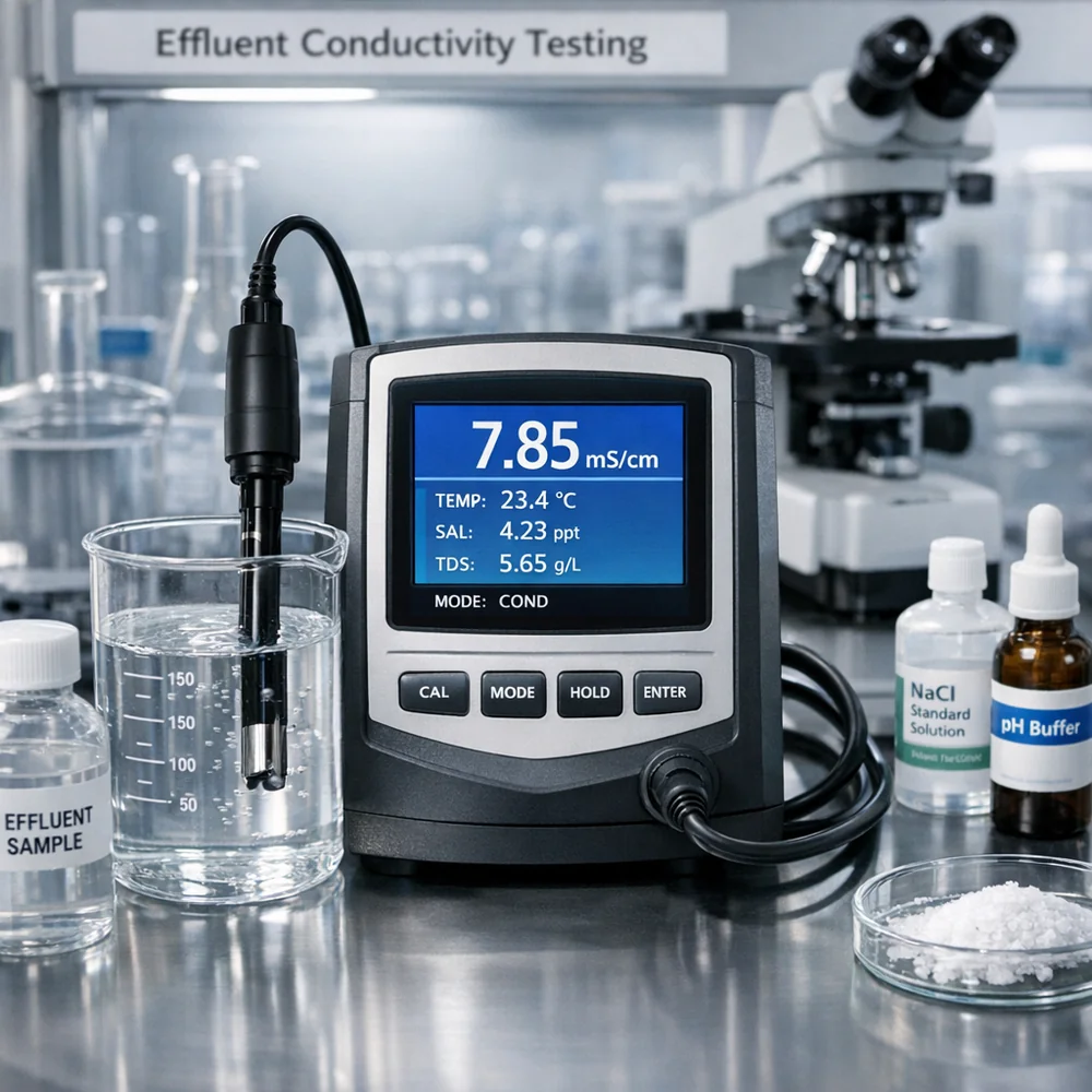 Laboratory photograph of 'Effluent Conductivity Testing'. shows a digital meter analyzing wash water for salt and mineral content. High-tech medical aesthetic, professional lighting, photorealistic 4k.