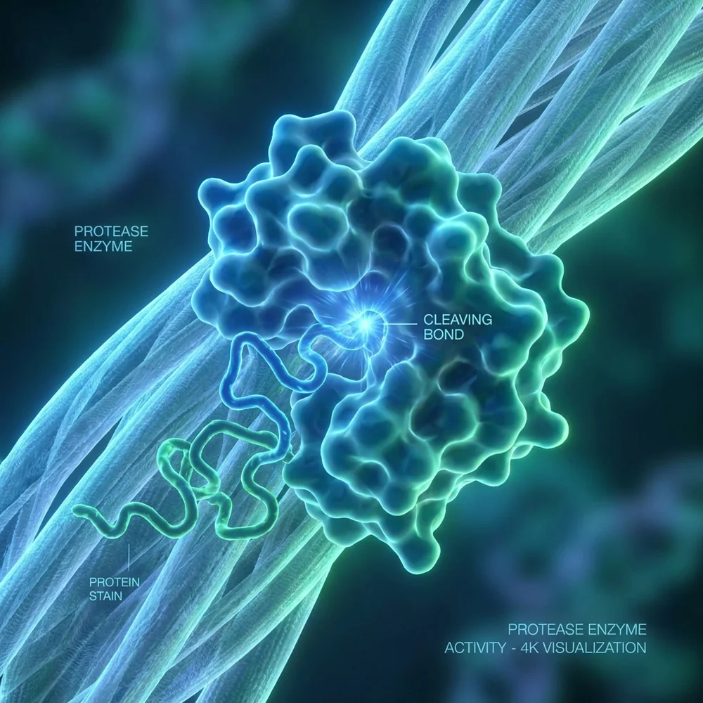 Molecular model of a Protease enzyme's active site. A chain of amino acids is shown fitting into the catalytic pocket. Visual representation of the 'lock and key' mechanism. High-tech medical animation style, glowing chemical bonds, dark blue aesthetic, 4k.