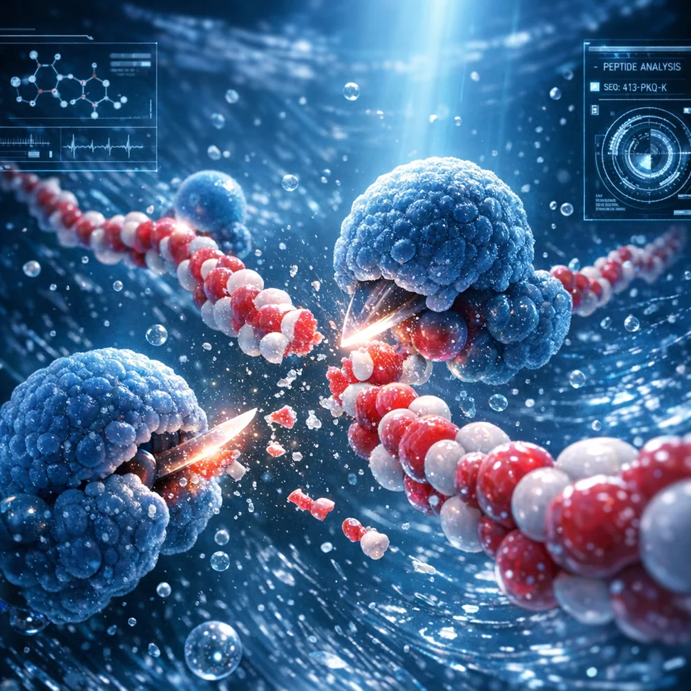 Microscopic visualization of Protease enzymes breaking peptide bonds in a protein stain (e.g., blood). The long-chain protein is being sliced into smaller, water-soluble peptides. Clinical blue lighting, fluid dynamics, high-tech interface, photorealistic 4k.