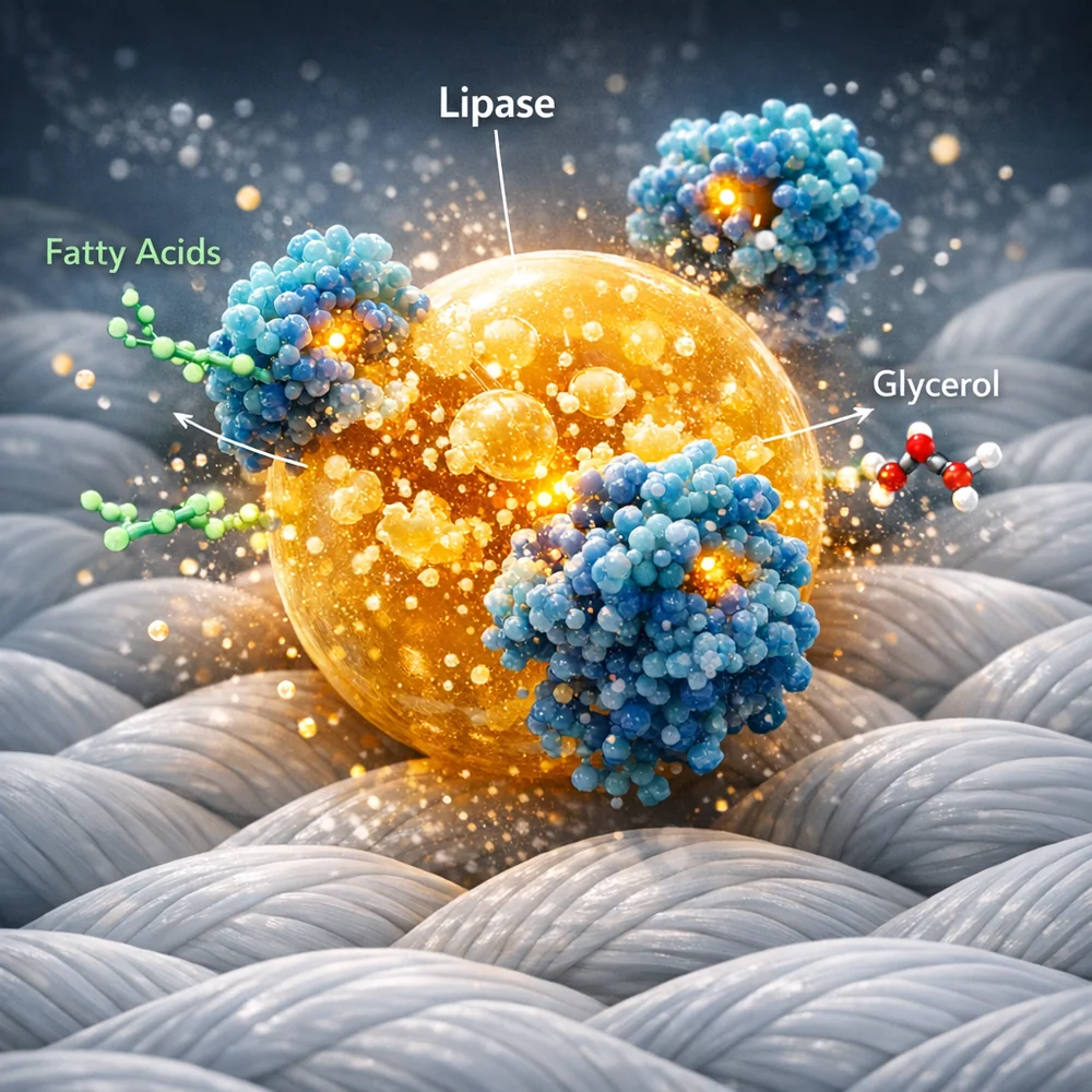 Visual representation of Lipase enzymes attacking a large fat droplet on a polyester fiber. The lipase is hydrolyzing triglycerides into fatty acids and glycerol. 3D molecular simulation, glowing particles, clean lab aesthetic, high resolution.