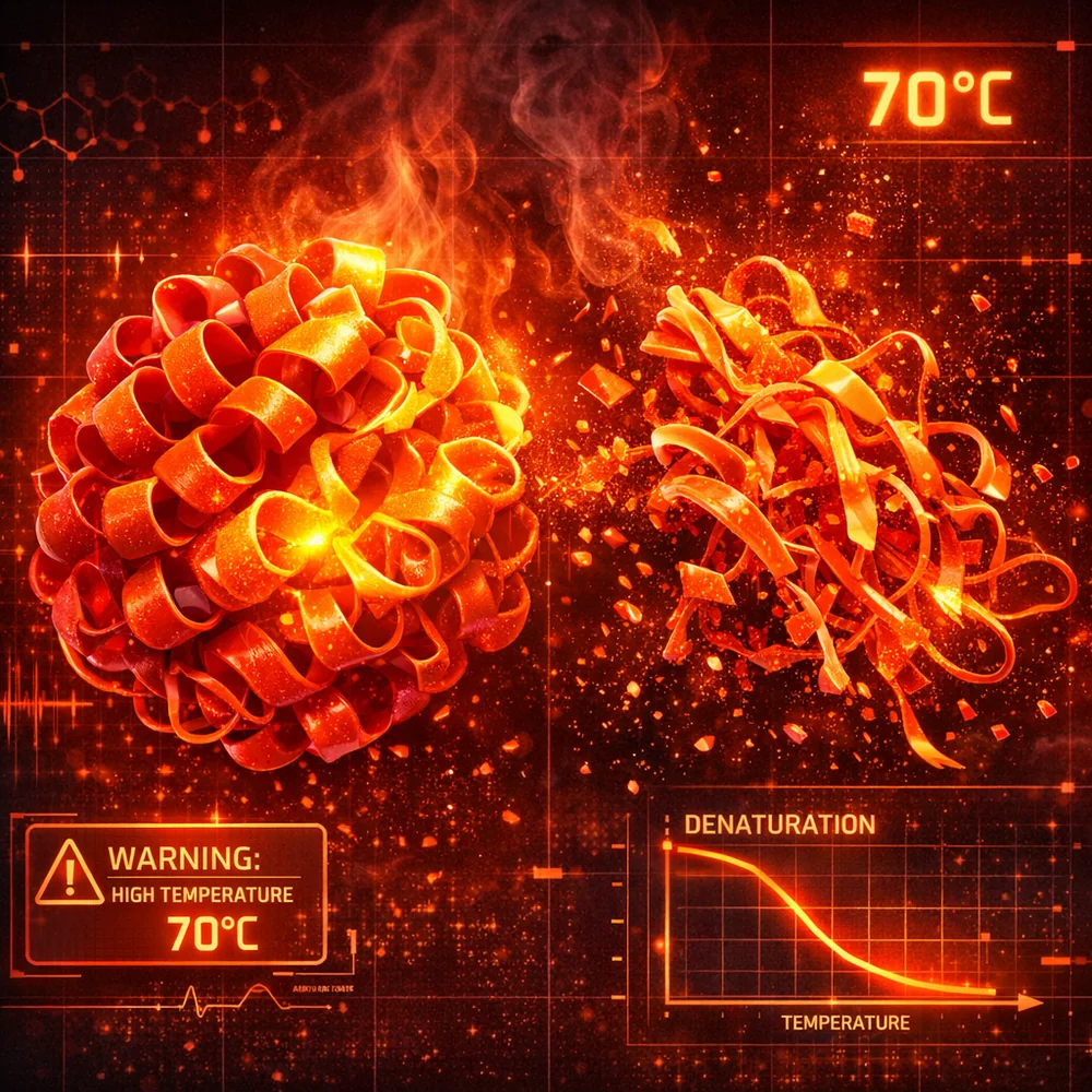 The denaturation of a laundry enzyme at high heat (70°C). 3D model showing the complex tertiary structure unfolding and losing its functional shape. Thermal imaging colors (red and orange), high-tech medical visualization, scientific cautionary tone.