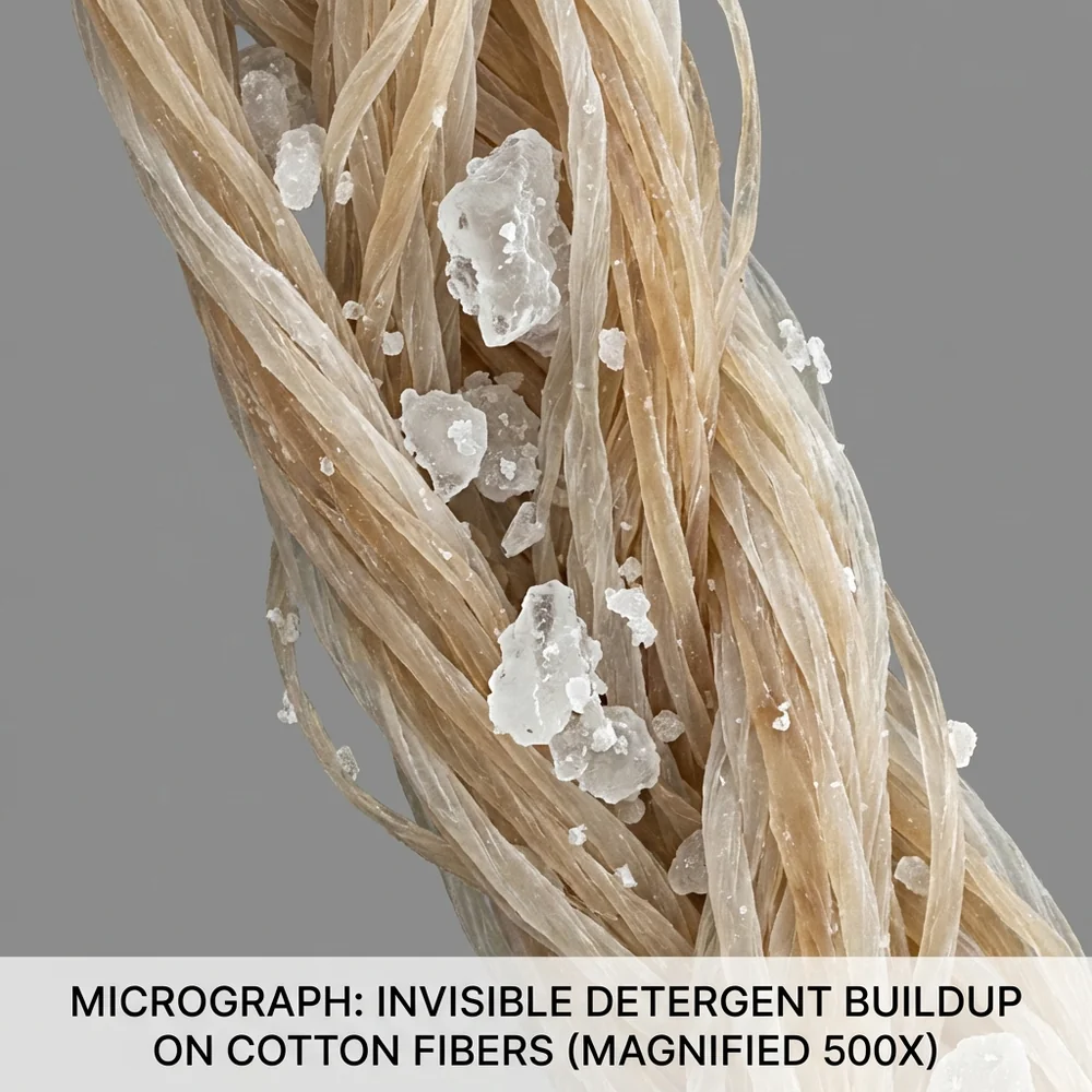 Microscopic view of 'Stratum Corneum' cracks in eczema-prone skin. Shows microscopic 'fluff' from rough cotton and detergent particles caught in the gaps. High-tech medical animation style, clinical grey and pink aesthetic, 8k.