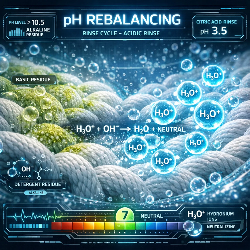 Scientific visualization of 'pH Rebalancing' in the rinse cycle. shows an acidic rinse (dilute citric acid) neutralizing alkaline detergent residues on cotton. High-tech medical interface style, glowing hydronium ions, 4k.