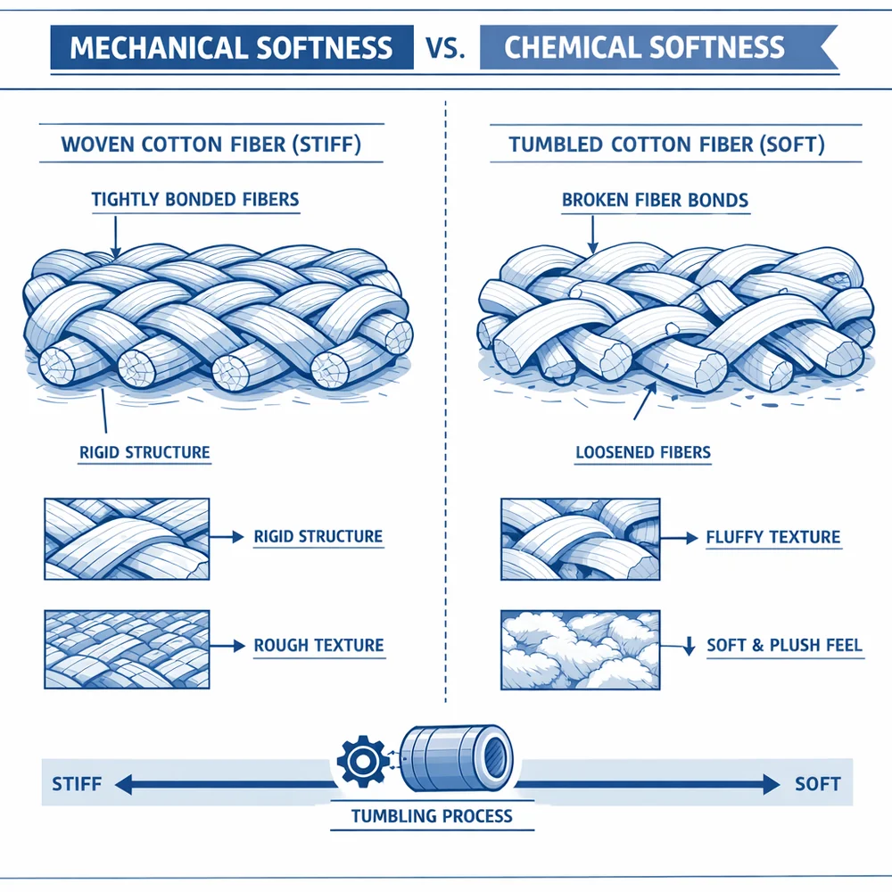 Technical diagram of 'Mechanical Softness' vs 'Chemical Softness'. Comparing a woven cotton fiber (stiff) to one that has been tumbled to break fiber bonding (soft). Engineering schematic, clinical blue and white.