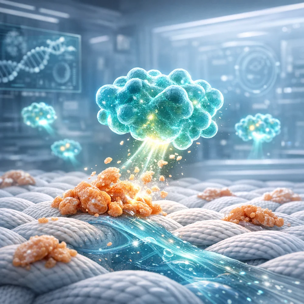 Visual representation of 'Bio-Scouring' with specialized enzymes to remove skin irritants. shows proteases digesting residual skin cells trapped in fabric. High-tech medical animation style, glowing enzymes, clean lab aesthetic.