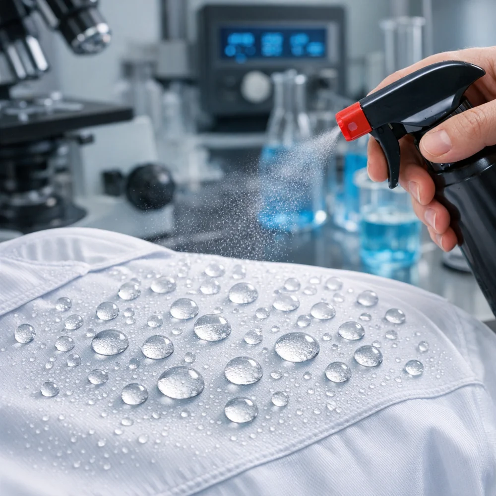Professional laboratory setup for fabric testing: A large basin filled with cool water and dissolved minerals. A thermometer displays sub-100°F temperature. Scientific lighting, clean aesthetic.