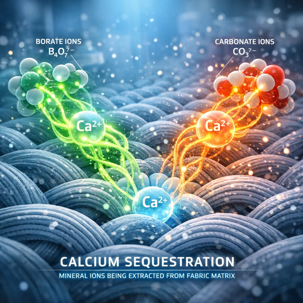 Molecular representation of 'Residue release dynamics'. shows how borax and soda ash chelate hard water minerals and lift them away from cotton fibers. High-tech medical animation style, glowing ionic bonds, 4k resolution.