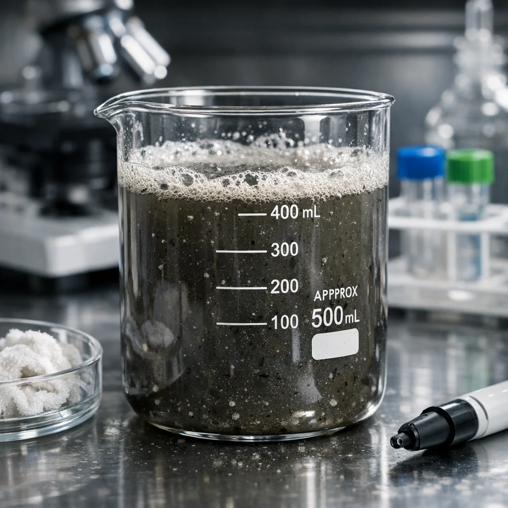 Laboratory photograph of 'Bathtub stripping'. shows a large load of towels soaking in a cloudy, brown-tinged alkaline solution. High-tech scientific capture, sharp focus, professional lighting.