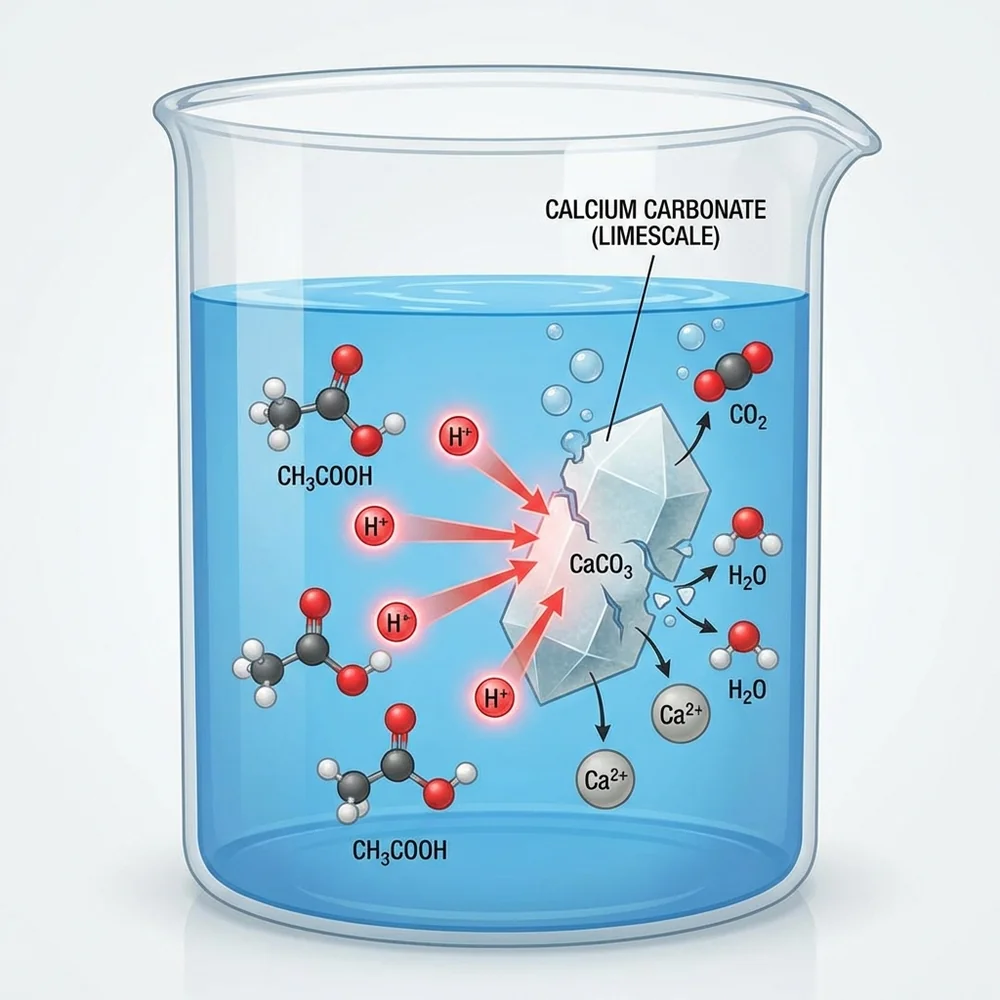 Molecular visualization of Acetic Acid (CH3COOH) molecules attacking and dissolving Calcium Carbonate limescale. High-tech 3D render showing the release of CO2 bubbles and water molecules. Clean laboratory aesthetic, medical interface style, 4k.