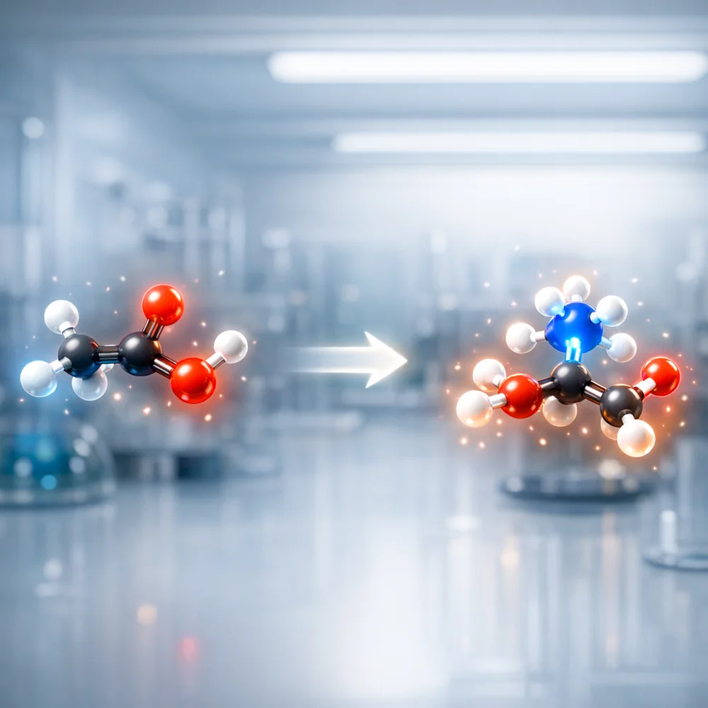 Chemical neutralization reaction: Acetic Acid molecules reacting with Ammonia (NH3) to form odorless Ammonium Acetate salts. 3D molecular animation, glowing atoms, sterile lab background, clean and professional aesthetic.