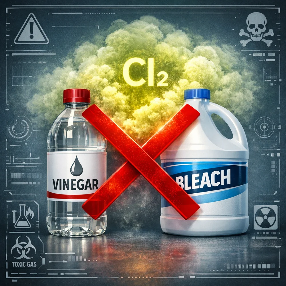 Standard warning graphic: 3D render of a vinegar bottle and a bleach bottle with a large red 'X' and a glowing cloud of Chlorine gas (Cl2). Technical interface style, high-tech caution icons, professional clinical photography backdrop.