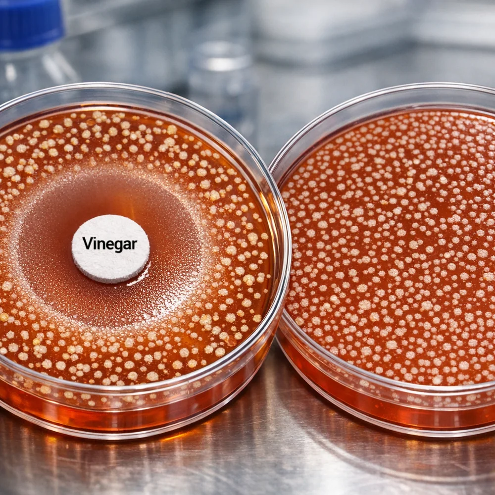 Petri dish comparison showing the inhibitory (bacteriostatic) effect of vinegar on Salmonella growth. Close-up on the zone of inhibition. Clinical laboratory setting, sharp focus, 8k resolution, photorealistic and detailed.