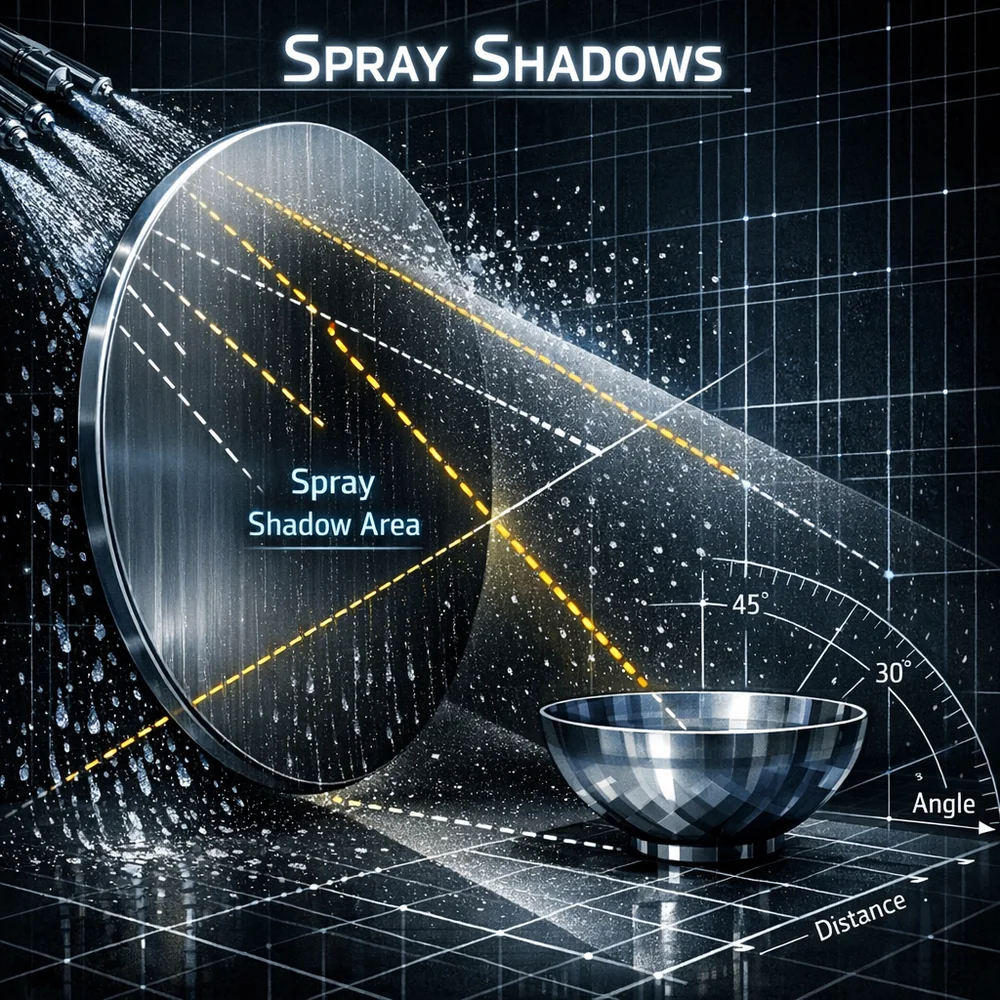 Sleek 3D visualization of 'Spray Shadows': a large platter blocking water jets from reaching a bowl. Geometric ray-tracing aesthetic, engineering overlay, high-contrast.