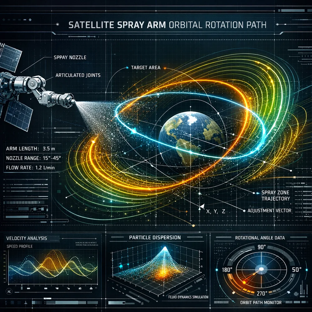 Engineering diagram of a satellite spray arm showing its complex orbital rotation path. High-tech interface, fluid dynamics visualization, industrial design aesthetic.