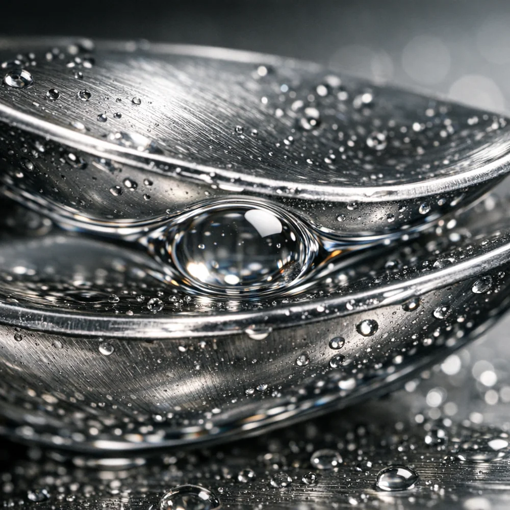 Extreme macro of two spoons 'nesting' with a thin film of water trapped between them. Visualizing surface tension and zero cleaning flow. Scientific focus, 8k.