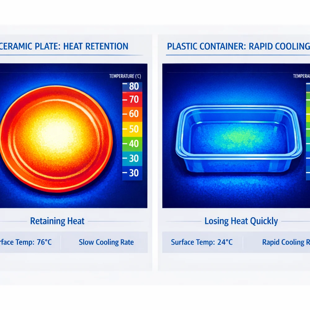 Thermal imaging comparison: a ceramic plate retaining heat vs a plastic container cooling rapidly. Vibrant heat-map colors, data visualization, clinical aesthetic.