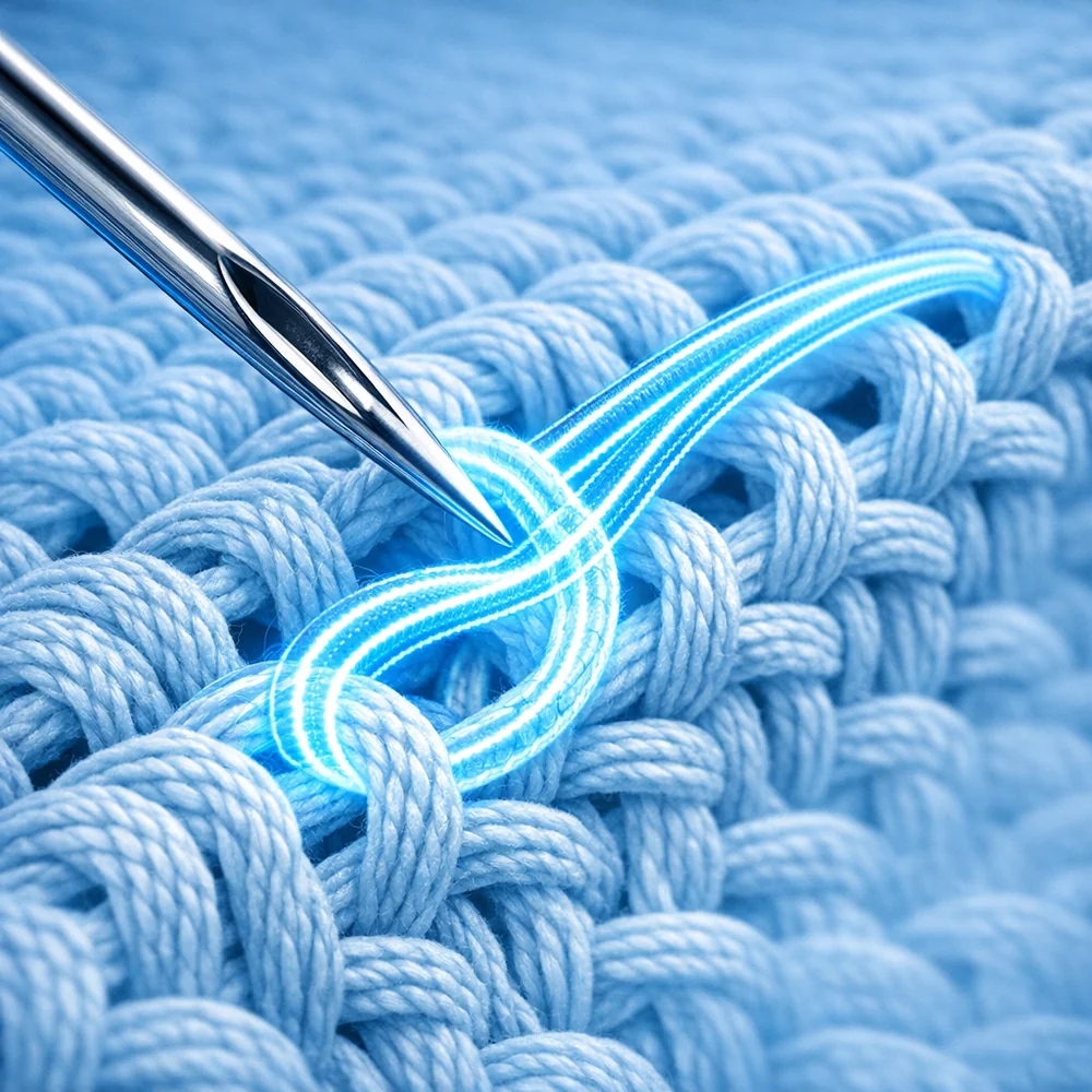 Scientific 3D visualization of Swiss Darning. Shows a needle following the existing loop paths of a knit fabric, doubling the structural threads for reinforcement. High-tech medical animation style, glowing yarn paths, clinical blue aesthetic, 8k.