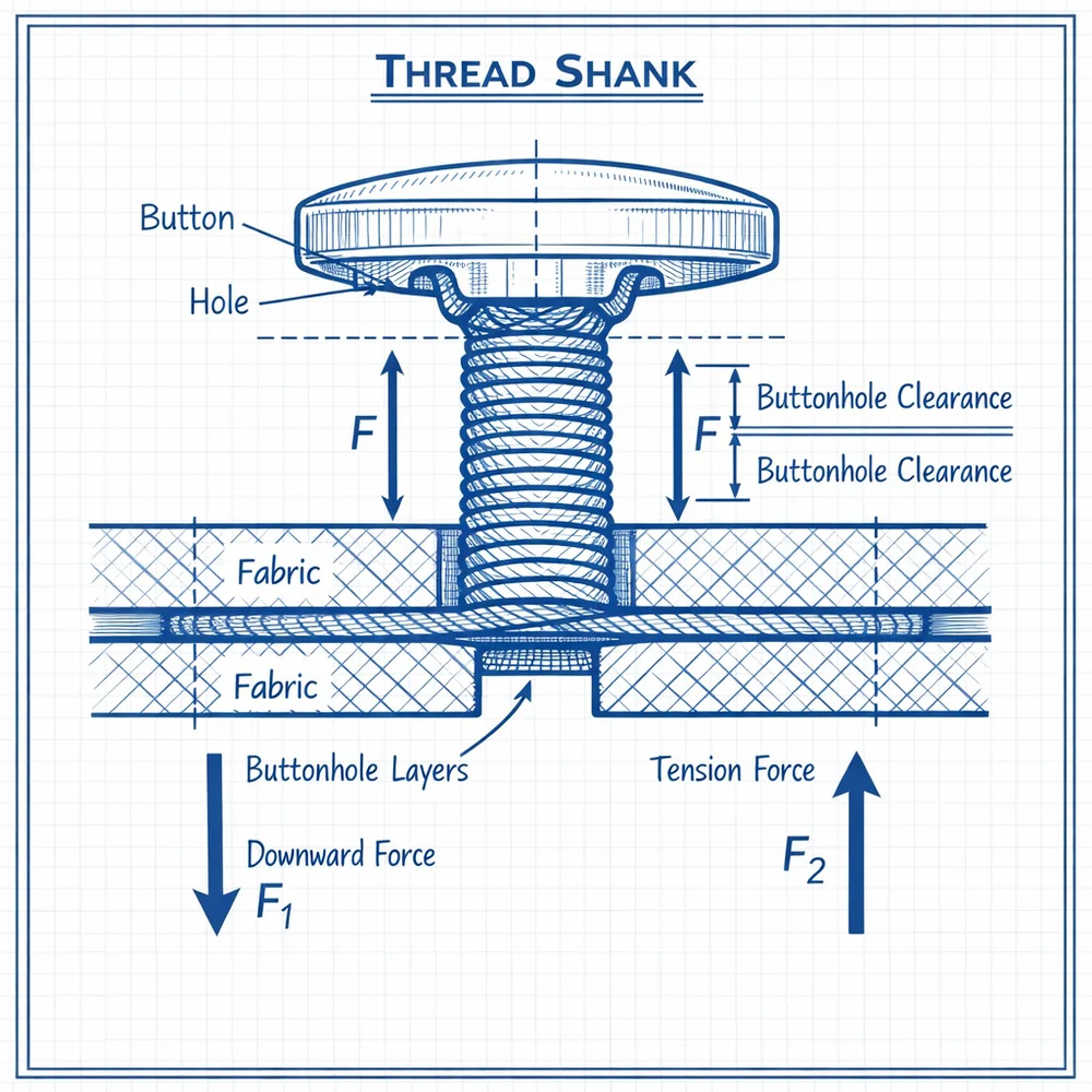 Technical diagram of a 'Thread Shank'. Shows a cross-section of a button attached to fabric with a column of wrapped thread providing clearance for the buttonhole layers. Engineering blueprint style, force vectors, clinical white background.