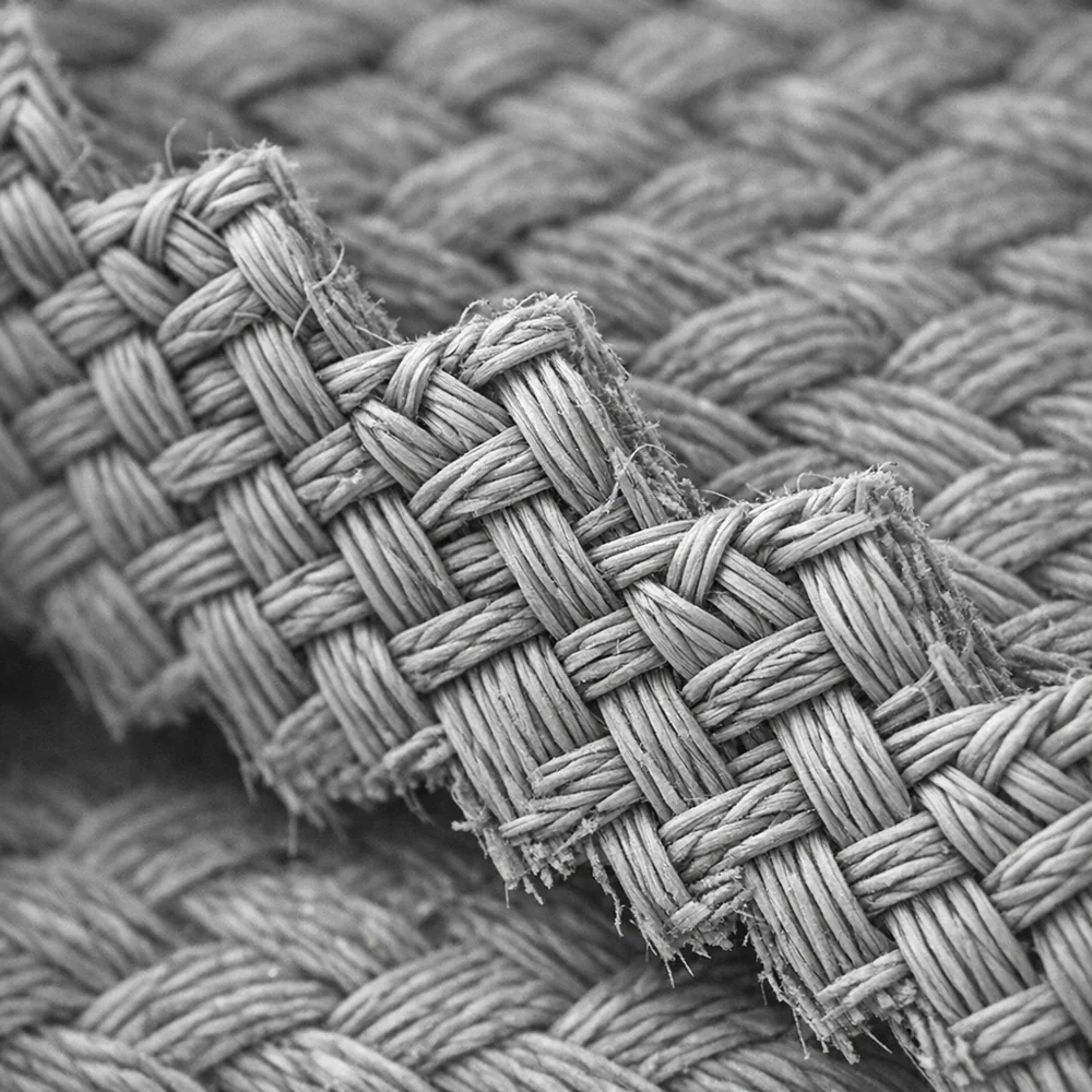 Microscopic view of 'Pinking Shear' geometry. Shows the zigzag cut edge of a woven cotton fabric, highlighting how the short diagonal thread segments prevent longitudinal unraveling. Scientific monochrome aesthetic, sharp detail, 8k.