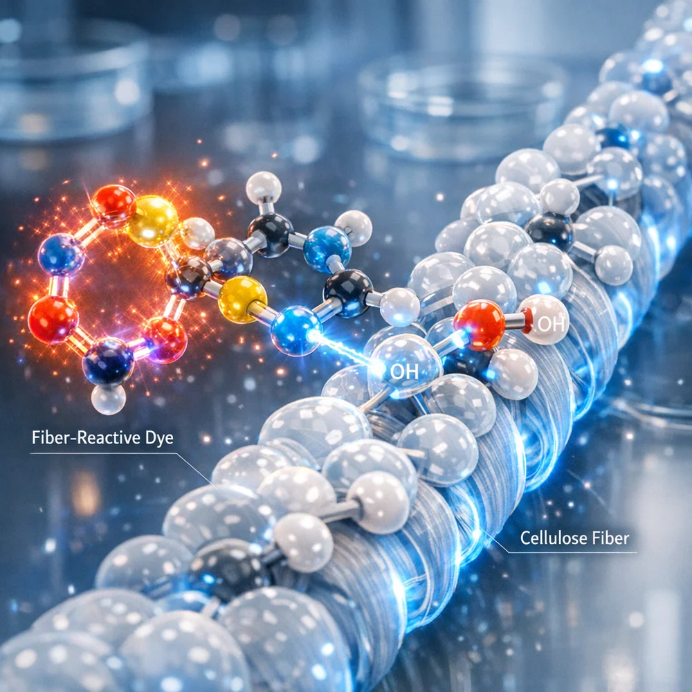 Molecular visualization of 'Fiber-Reactive Dye' bonding with cellulose. Shows the dye molecules forming covalent bonds with the hydroxyl groups of a cotton fiber. High-tech scientific rendering, glowing atomic connections, clean lab aesthetic.