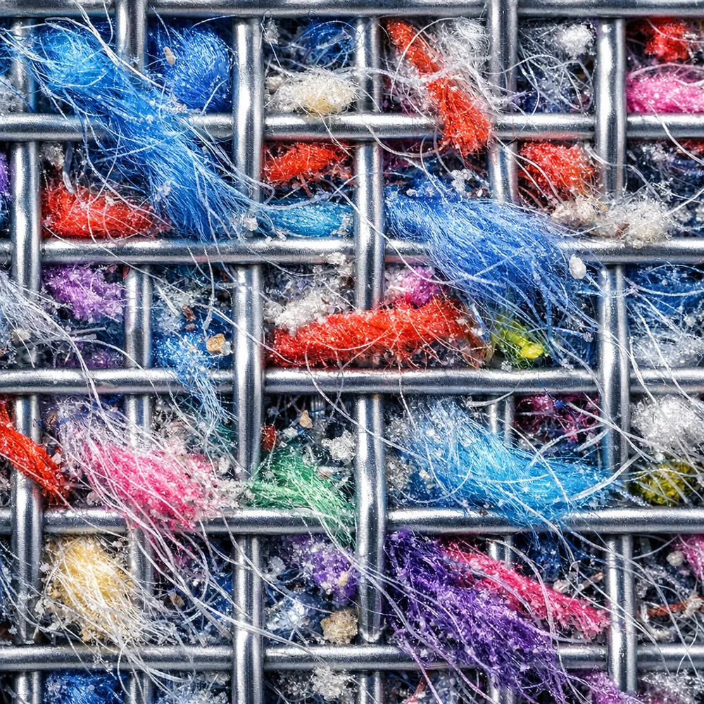 Macro photography of a filter mesh clogged with colorful synthetic microfibers (polyester, nylon). Sharp clinical focus, high-tech laboratory lighting, 8k.