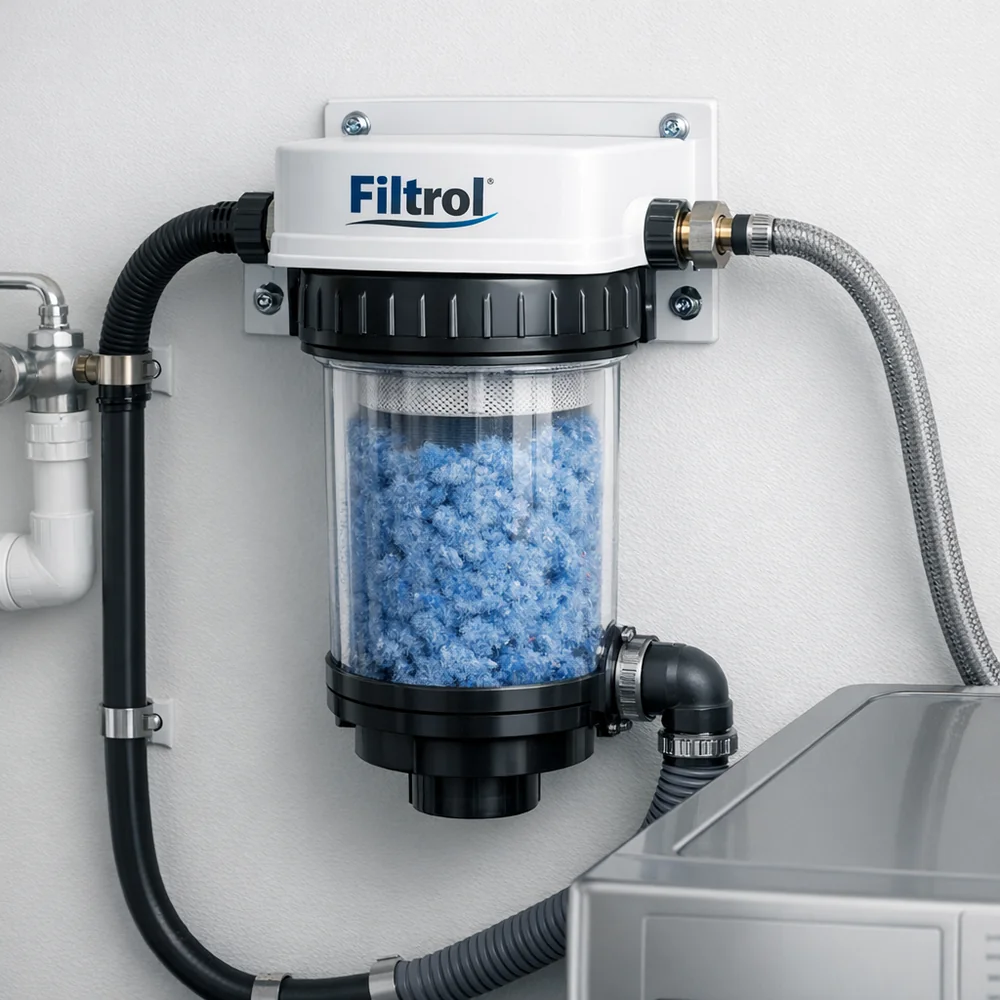 Professional installation shot of an external microfiber filter (like Filtrol) mounted to a laundry room wall. Transparent canister showing captured blue lint. Technical aesthetic.