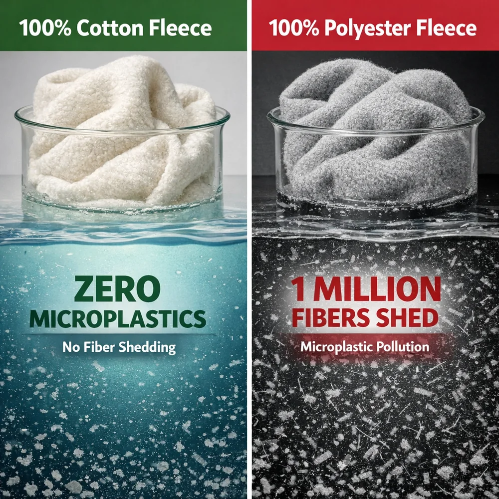Side-by-side comparison of a 100% cotton fleece vs 100% polyester fleece. Technical data overlay showing 'Zero Microplastics' vs '1 Million Fibers' shed. Scientific contrast.