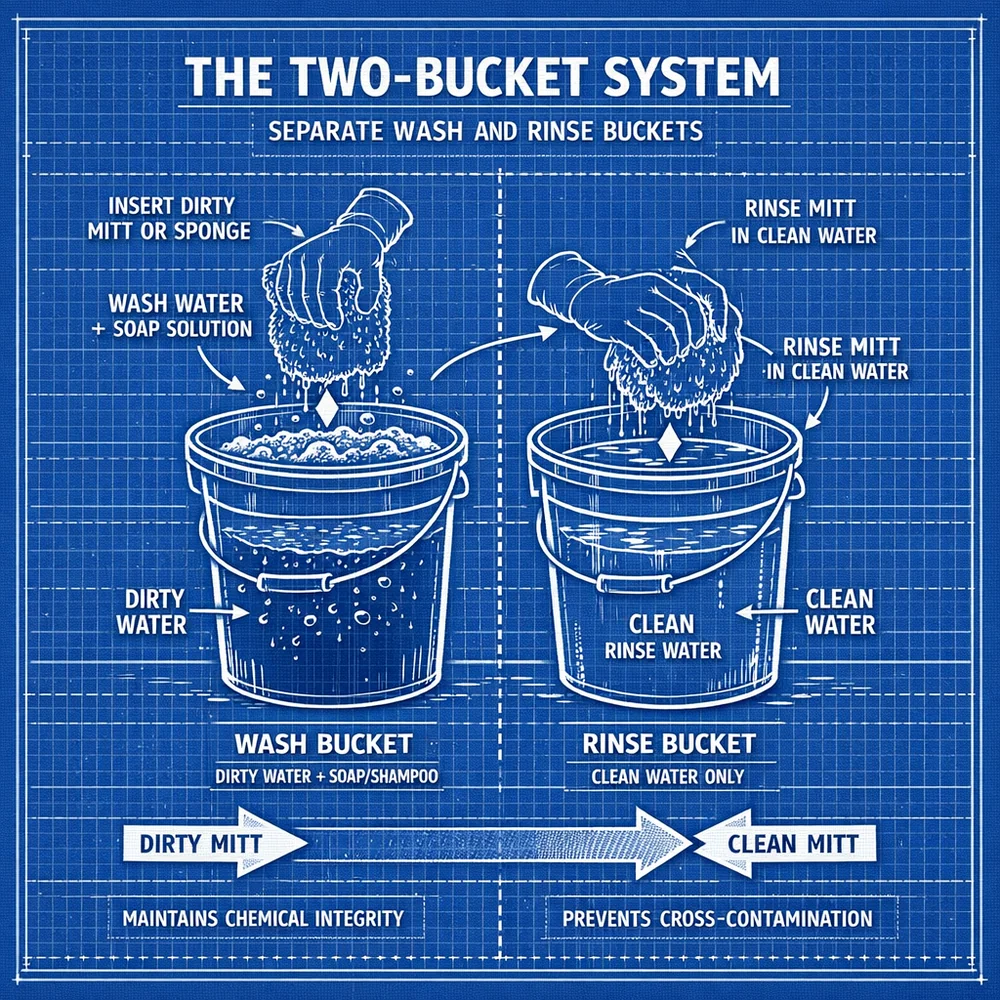 Technical diagram of 'The Two-Bucket System'. illustrates the separation of 'Wash' water and 'Rinse' water to maintain chemical integrity and hygiene. Engineering blueprint style, clinical blue and white background, 8k.