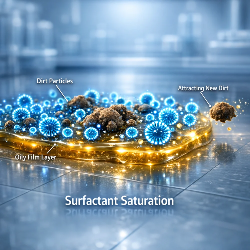 Molecular visualization of 'Surfactant Saturation'. shows how excessive soap molecules form an oily film on a floor that attracts and bonds to new dirt particles. High-tech medical animation style, glowing chemical particles, clean lab aesthetic.