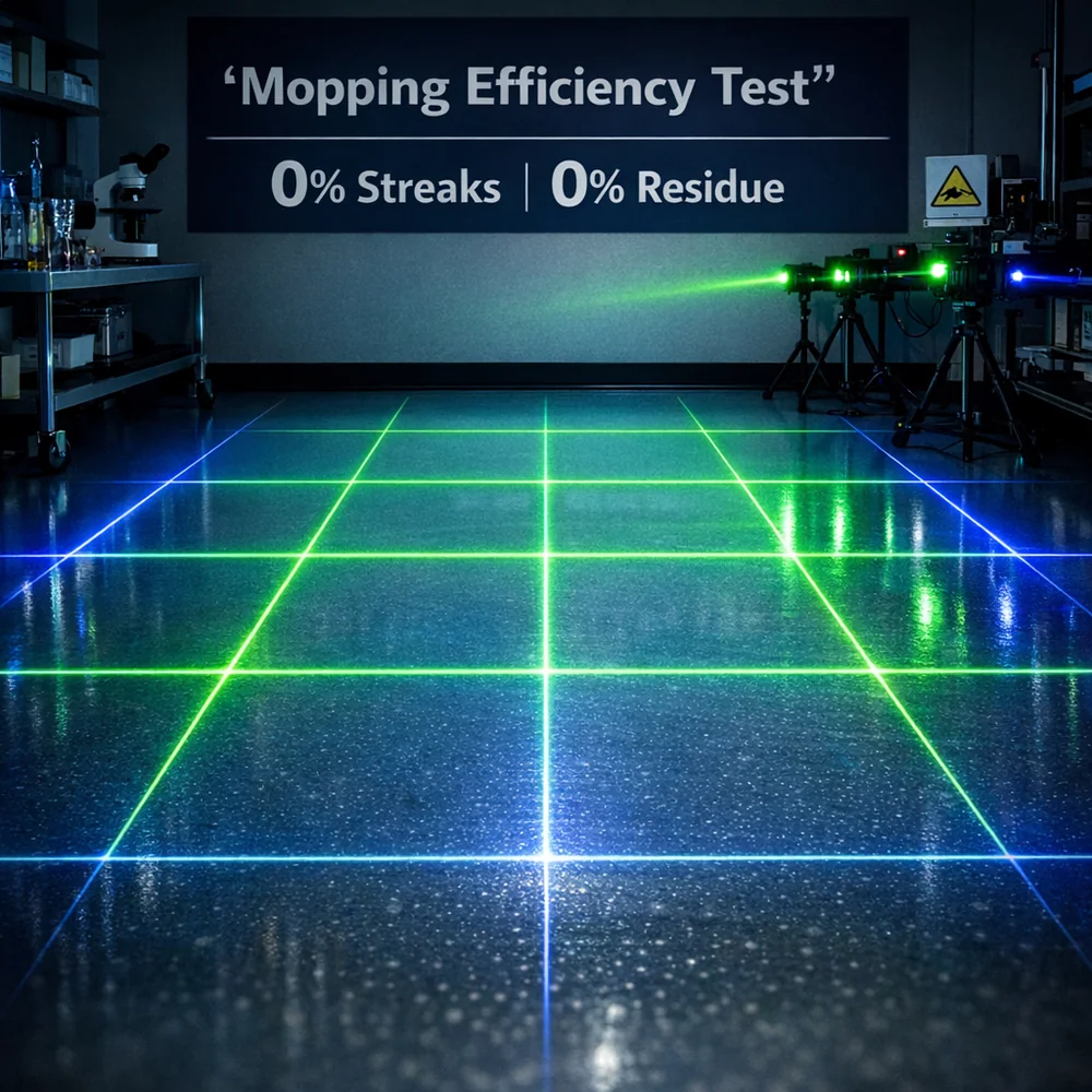 Laboratory photograph of 'Mopping Efficiency Test'. shows a laser-lit floor surface revealing 0% streaks and 0% residue after using high-quality microfiber. technical optics visualization, professional lighting, 4k.