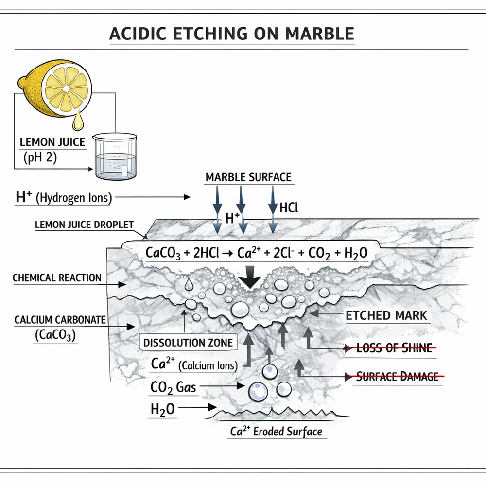 Technical diagram of 'Acidic Etching' on Marble. illustrates how lemon juice (pH 2) chemically dissolves the calcium carbonate surface of the stone. Engineering schematic, strike-through markers, clinical white background.