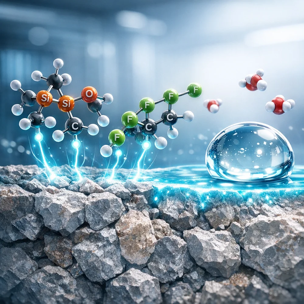 Molecular visualization of 'Stone Sealer Adhesion'. shows silane or fluoropolymer molecules chemically bonding to the mineral grain to create a hydrophobic barrier. High-tech medical animation style, glowing chemical paths, clean lab aesthetic.