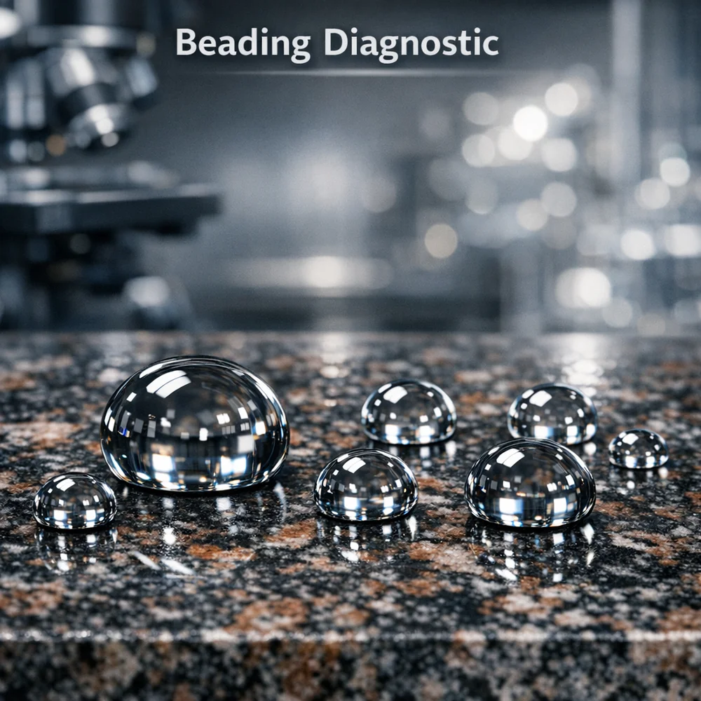 Laboratory photograph of 'Beading Diagnostic'. shows water droplets with a high contact angle on a perfectly sealed granite surface. technical optics visualization, professional lighting, photorealistic 8k.