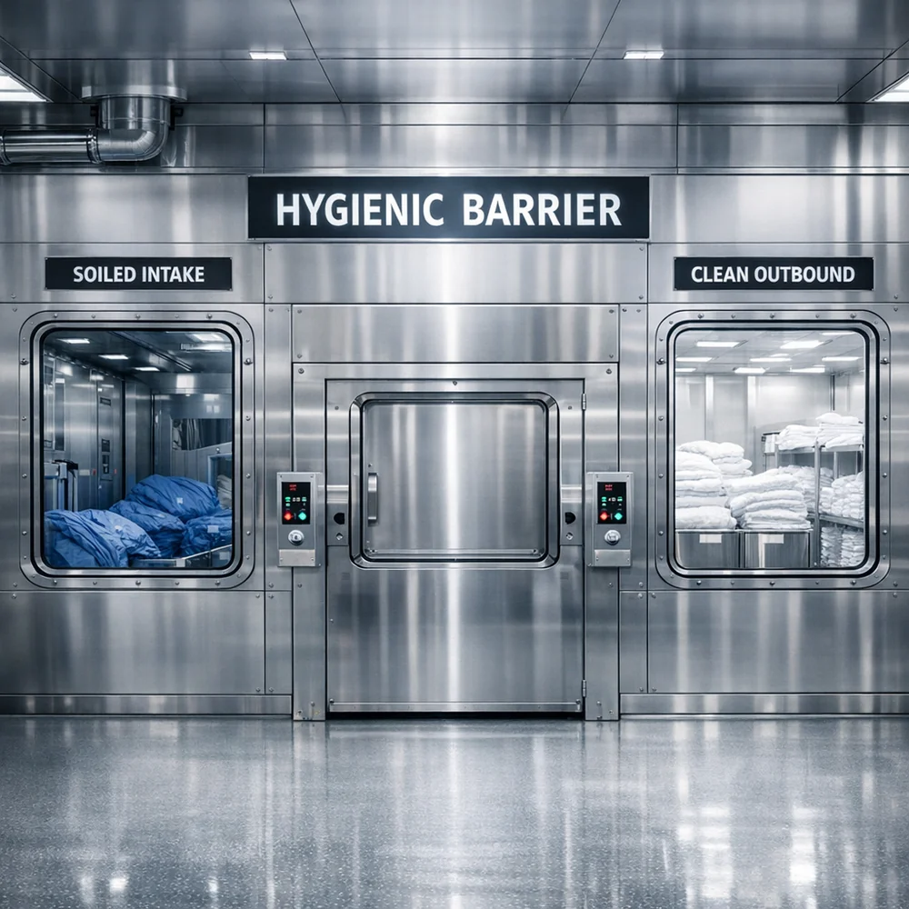 Professional setup of the 'Hygienic Barrier' system. shows the stainless steel walls and airtight seals separating the soiled intake from the clean outbound laundry. High-tech industrial photography, professional lighting, sterile aesthetic.
