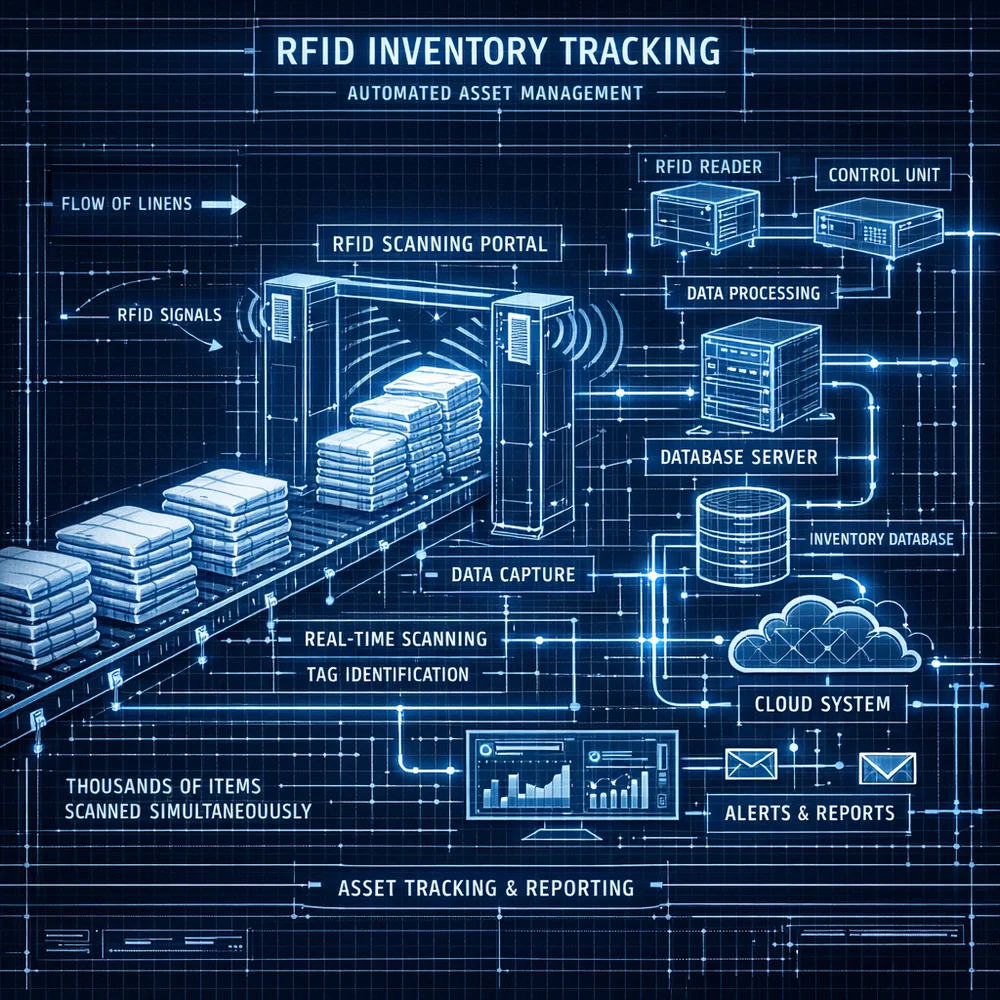Technical diagram of 'RFID Inventory Tracking' gateway. illustrates how thousands of linens are scanned simultaneously as they pass through a portal for automated asset management. Engineering blueprint, glowing data paths, 8k.