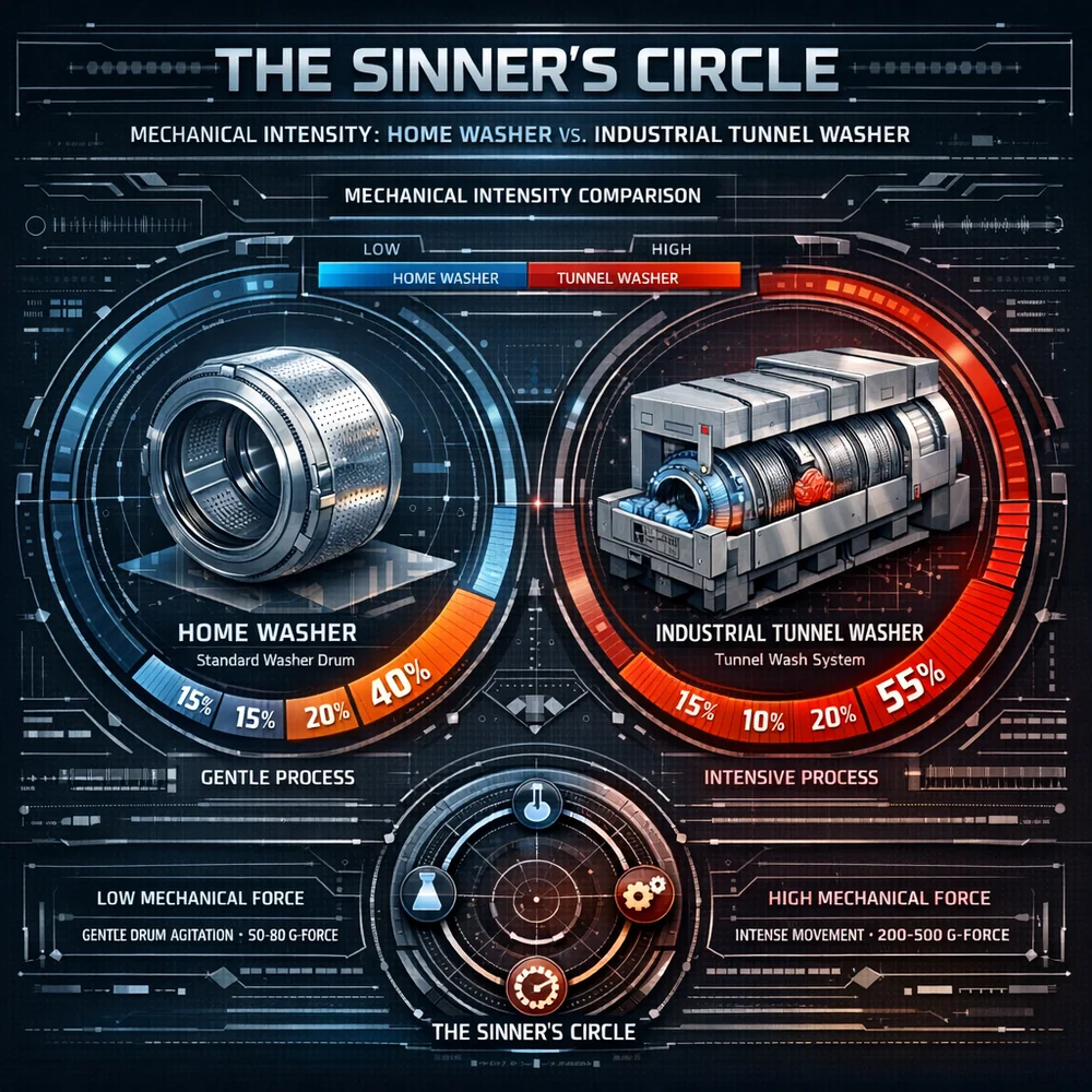Visual infographic of 'The Sinner's Circle' comparing mechanical intensity between home washers and industrial tunnel washers. Engineering schematic, data-driven visualization, high-tech interface.