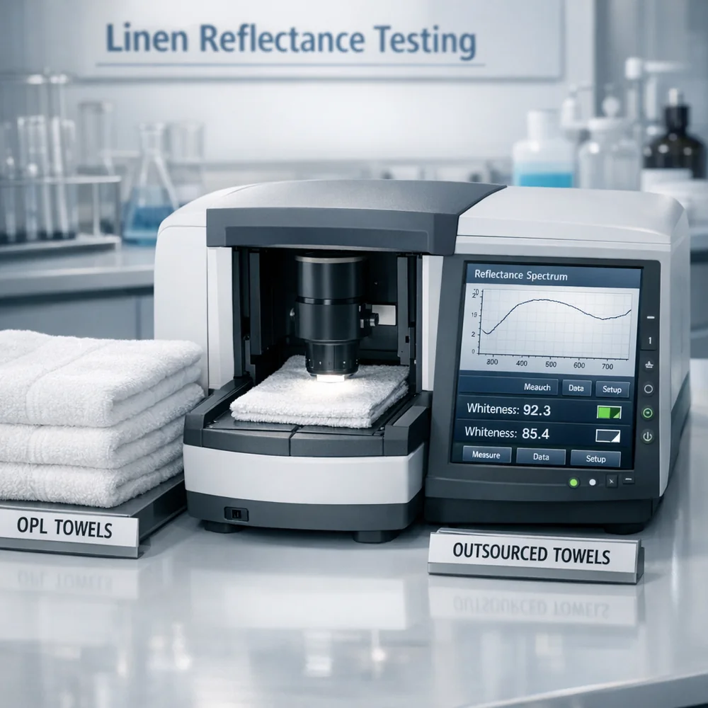 Laboratory photograph of 'Linen Reflectance Testing'. features a spectrophotometer analyzing whiteness levels of OPL vs outsourced towels. High-tech medical aesthetic, sharp focus, professional 4k.