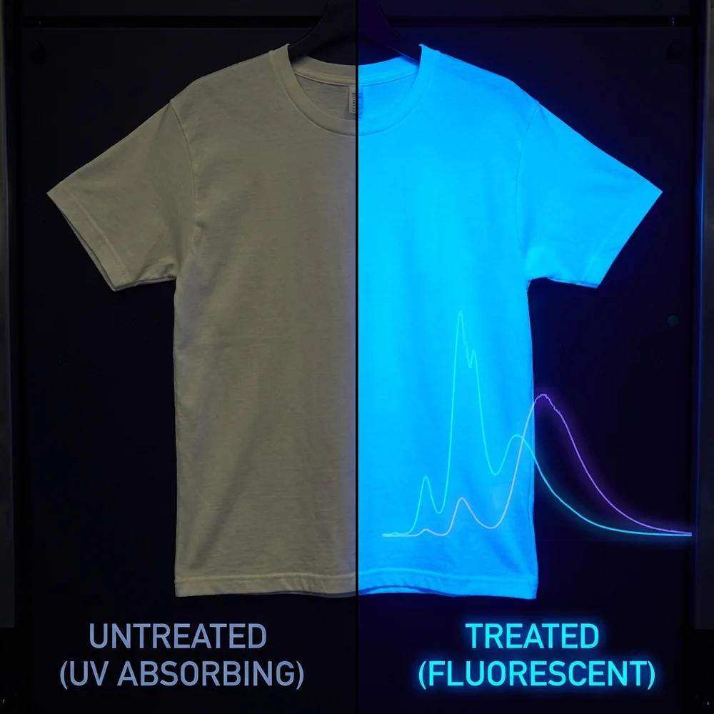 Two identical white cotton shirts under a UV lamp: one washed with optical brighteners (glowing brilliantly blue) and one without (appearing yellowish). Cinematic contrast, professional studio lighting, 8k resolution, photorealistic.