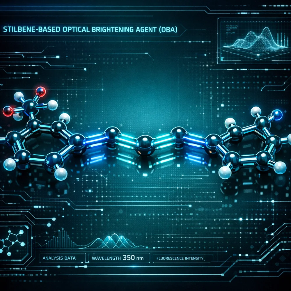 Molecular structure of a Stilbene-based Optical Brightening Agent (OBA). Sleek 3D render showing the conjugated double bond system. High-tech medical interface style, glowing electronic pathways, dark cyan and blue aesthetic.