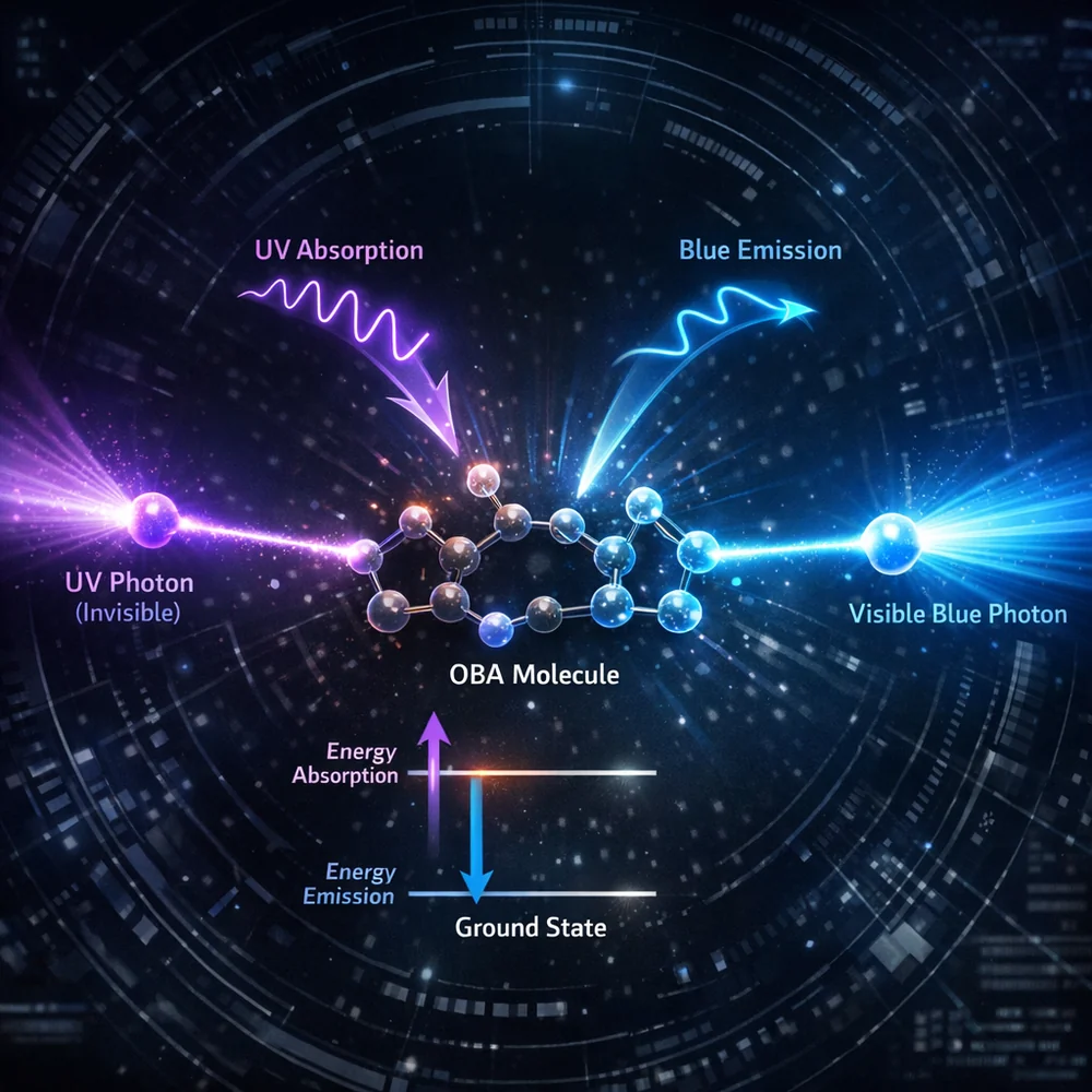 Visual representation of the fluorescence process: an OBA molecule absorbing an invisible UV photon and re-emitting a visible blue photon. Glowing light rays, high-tech optics visualization, dark laboratory interface, 4k.