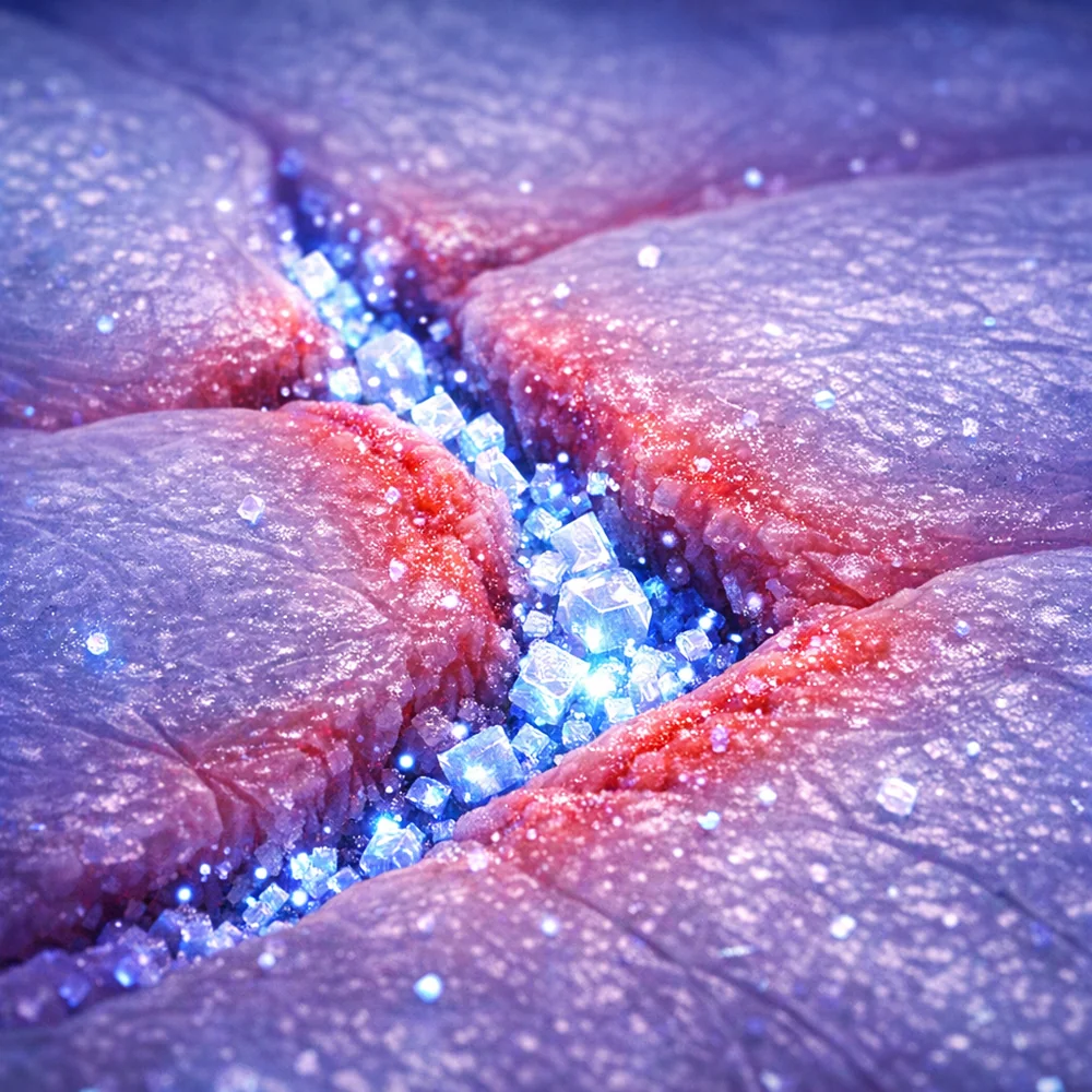 Microscopic view of optical brightener particles accumulating in the crevices of a skin cell (epidermis), illustrating the potential for contact irritation. High-tech medical visualization, clinical blue and violet hues, 8k, scientific tone.
