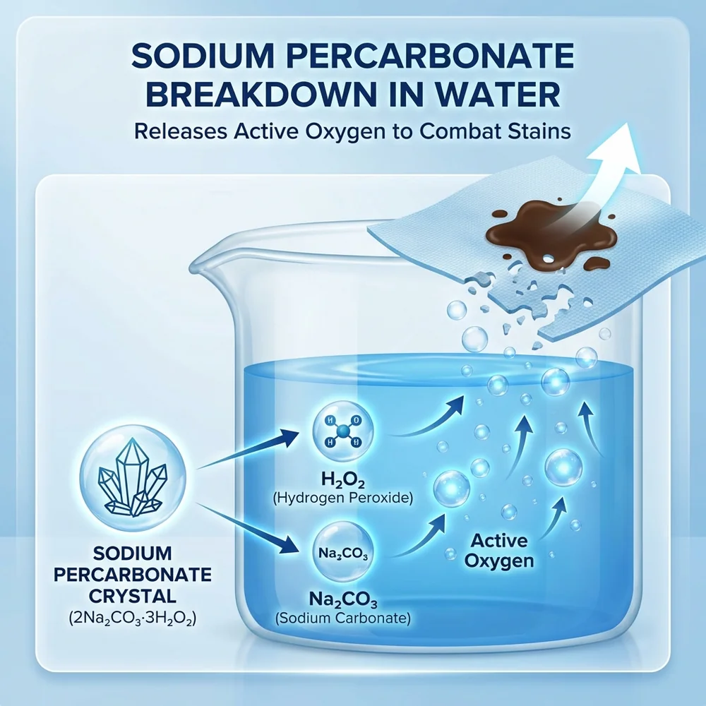 Molecular visualization of Sodium Percarbonate ($2Na2CO3·3H2O2$) dissociating into Sodium Carbonate and Hydrogen Peroxide. High-tech 3D render, glowing ionic bonds, clean liquid environment, medical interface style, 4k.