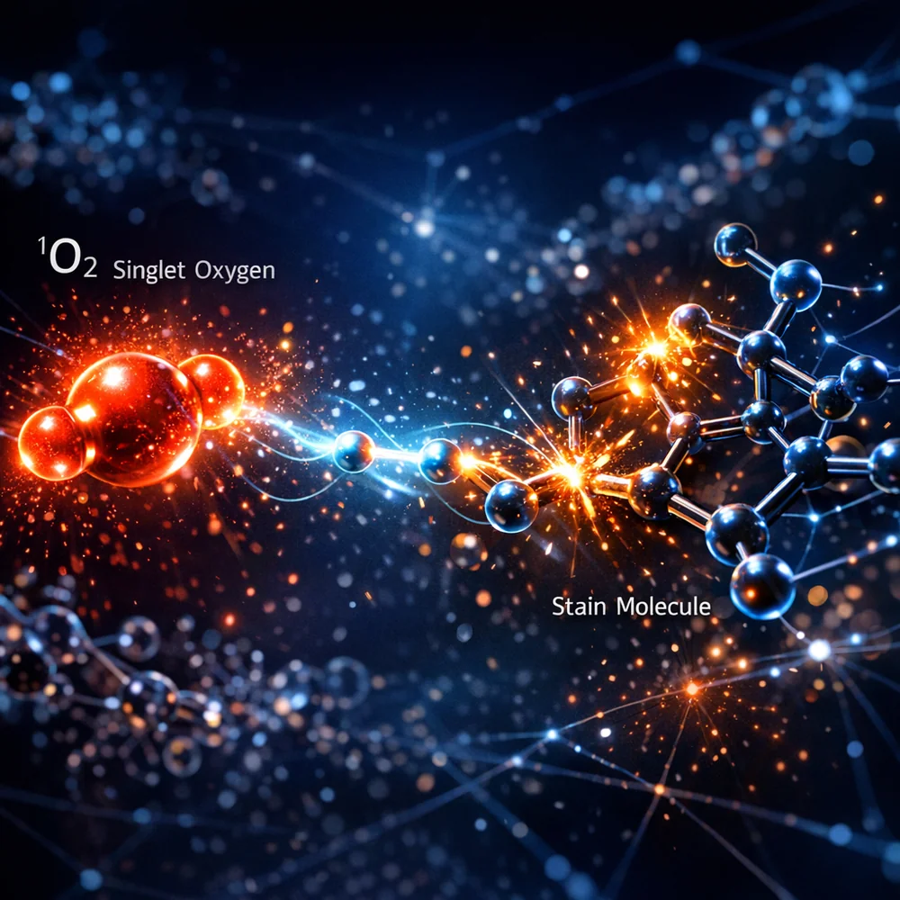 Visualization of 'Singlet Oxygen' species attacking a organic chromophore (stain) molecule. Visual representation of electron transfer and bond breaking. High-tech scientific rendering, glowing particles, dark blue aesthetic, 4k.