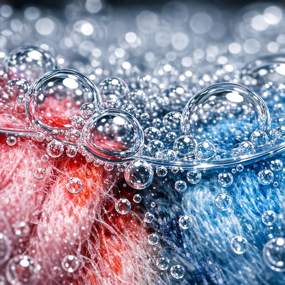 Extreme macro photograph of tiny oxygen bubbles forming on a stained cotton fabric during an oxidative wash. Sharp focus on the air-liquid interface, high-contrast clinical lighting, 8k resolution, photorealistic.