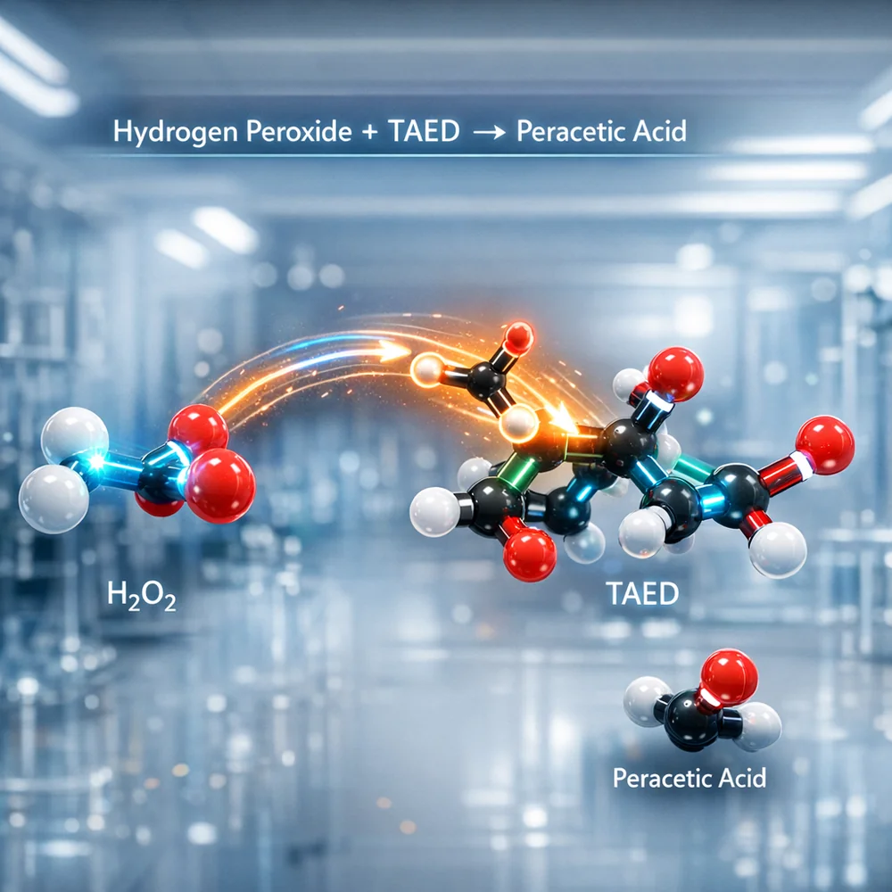 Molecular reaction between Hydrogen Peroxide and TAED to form Peracetic Acid. 3D model showing the transfer of the acetyl group. High-tech medical animation style, glowing chemical bonds, sterile lab background, 4k.