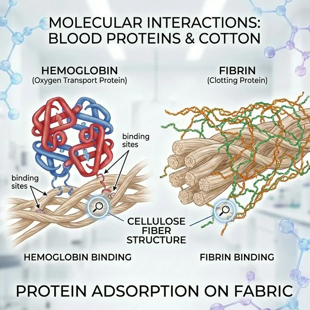 Molecular visualization of menstrual blood proteins binding to fabric fibers. Shows hemoglobin and fibrin structures interlocking with cotton cellulose. High-tech scientific rendering, clinical aesthetic, 8k.