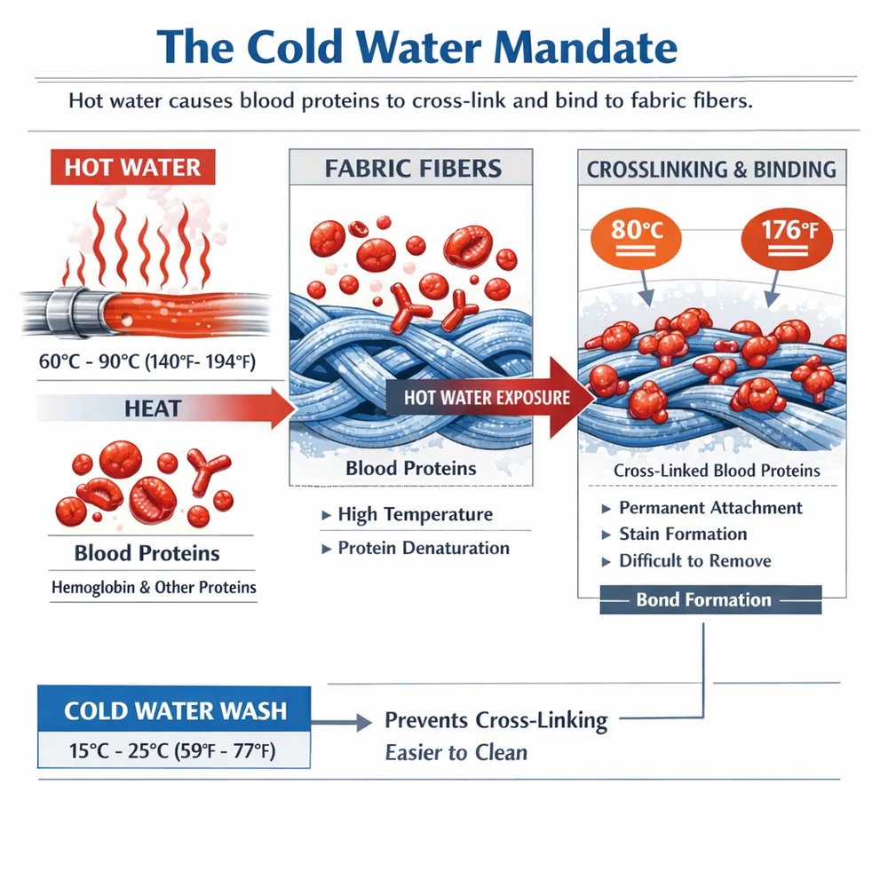 Technical diagram of 'The Cold Water Mandate'. illustrates how hot water causes blood proteins to cross-link and permanently bind with fabric fibers. Engineering schematic, thermal markers, clinical white background.
