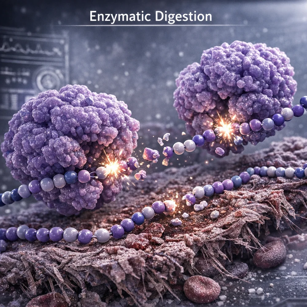 Scientific 3D model of 'Enzymatic Digestion'. shows protease enzymes cleaving peptide bonds in a dried blood stain. High-tech medical visualization, clinical grey and purple hues, 4k.